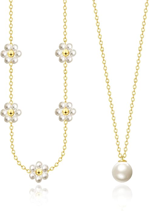OGD Gold Pearl Necklaces Set for Women 14K Gold Plated Dainty Layered Pearl Cute Daisy Pearl Choker Gold Necklace Gifts for Women Gold Trendy Jewelry Gifts