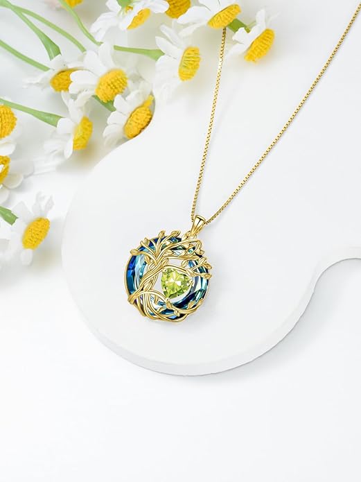 TOUPOP Christmas Gifts Tree of Life Birthstone Necklace 925 Sterling Silver Pendant Austrian Crystal Jewelry Anniversary Birthday Gifts for Women Mom Her Wife