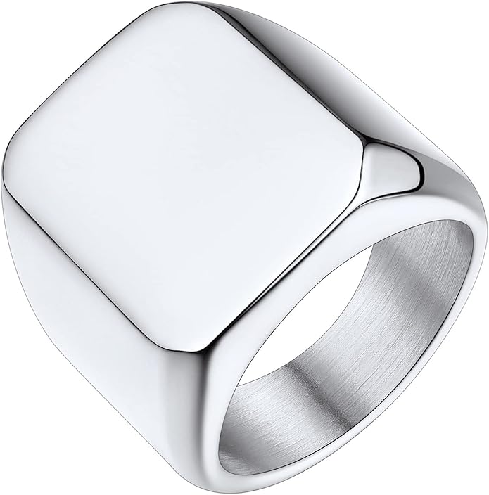 Bestyle Stainless Steel Signet Ring for Men Women in Gold/Black/Silver/Vintage Gray Tone, Chunky Thick Heavy Dome Band Ring Cool Finger Ring, Gift for Dad Husband, Size 7-14 Customizable