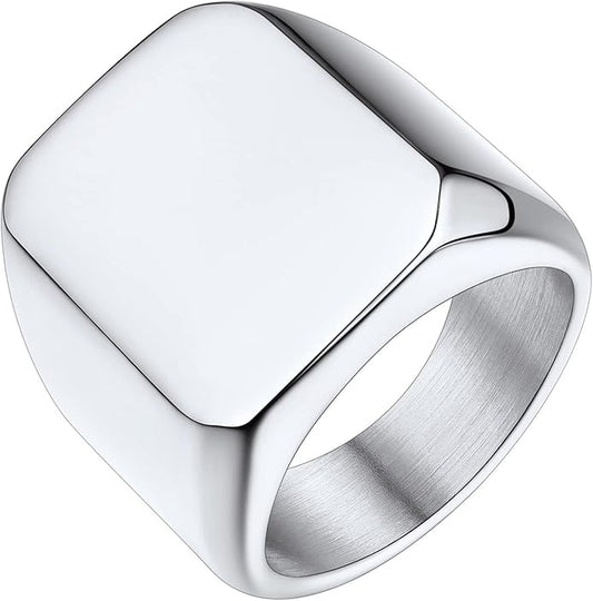 Bestyle Stainless Steel Signet Ring for Men Women in Gold/Black/Silver/Vintage Gray Tone, Chunky Thick Heavy Dome Band Ring Cool Finger Ring, Gift for Dad Husband, Size 7-14 Customizable