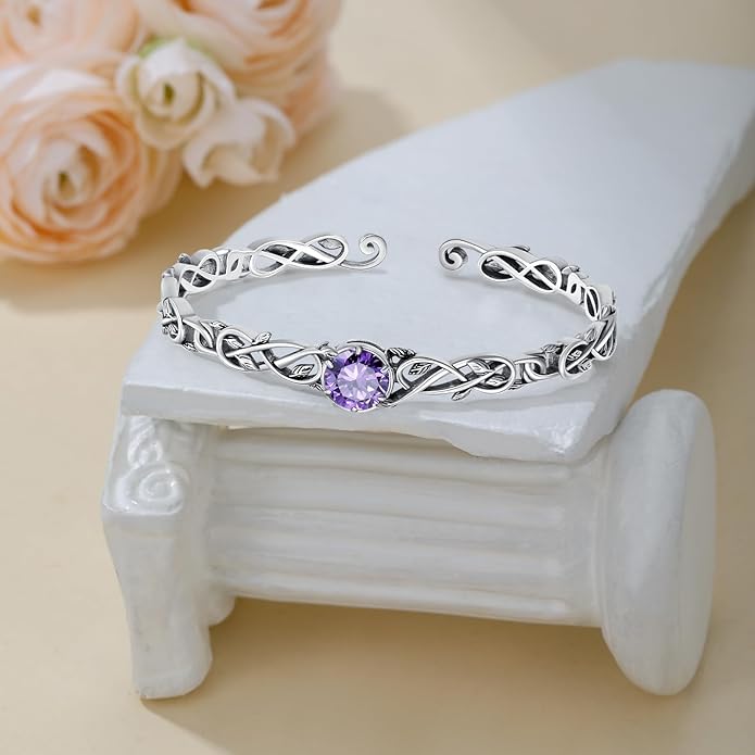 Natural Gemstone Vine Filigree Cuff Bracelet, 925 Sterling Silver Vintage Adjustable Bangle, Boho Floral Jewelry Gift for Women
