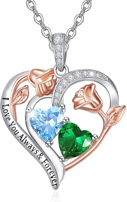 Zeuslia Double Birthstone Necklace Gifts for Wife - 925 Sterling Silver Sunflower/Rose/Crown Cross/Compass/Heart Pendant I Love You Necklace, Anniversary Birthday Gifts for Wife Girlfriend Mom Her