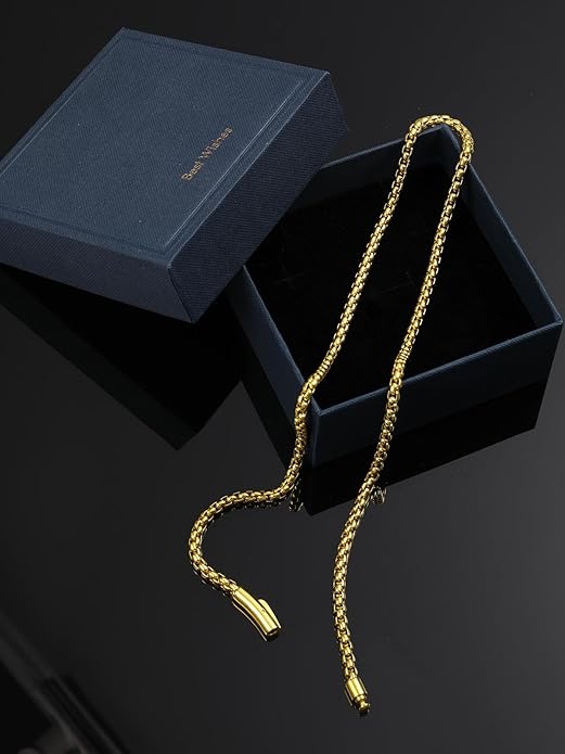 TUNGSTORY Box Chains Necklace for Men - Bold 18K Gold Plated 316L Stainless Steel Chain Necklace Including Jewelry Box, 4mm Mens Chains with Easy-On Clasp, Non-Tarnish Hypoallergenic - Jewelry Gift for Him, 20 Inches