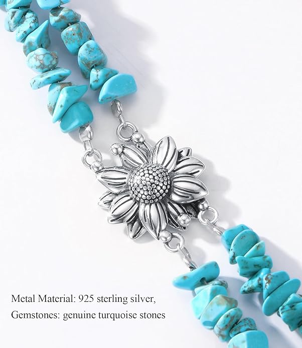 Boho Genuine Turquoise Bracelet for Women Western 925 Sterling Silver Gemstone Tree of Life Dream Catcher Sunflower Bracelets Jewelry for Her