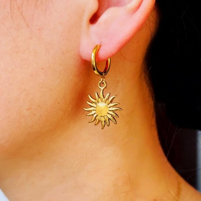 Sunburst Heart Dangle Hoop Earrings, 18K Gold Plated hypoallergenic Stainless Steel Cute Jewelry for Women daily Wear