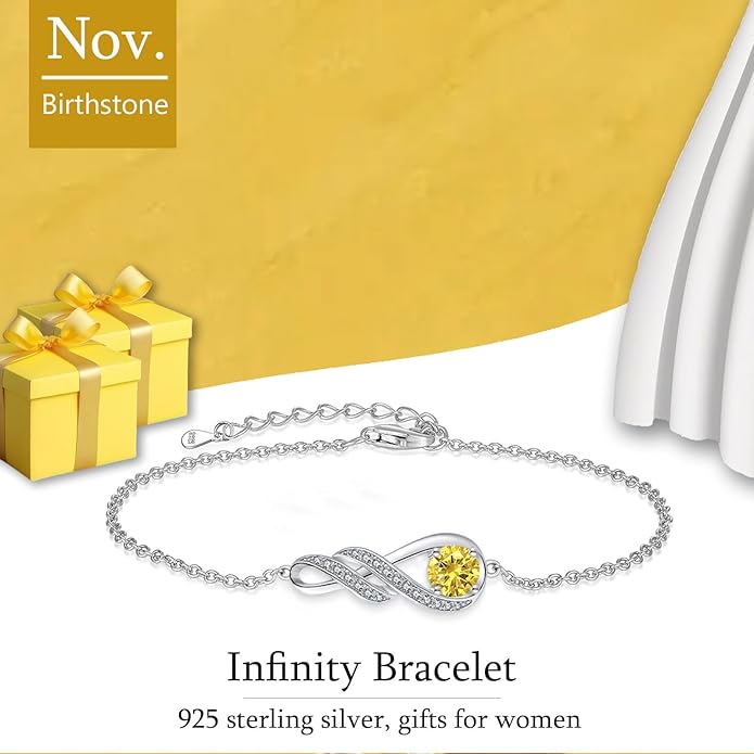 Birthstone Bracelets for Women 925 Sterling Silver Created Gemstone Bracelet Infinity Pendant Jewelry for Her, 6.7"+1.2"