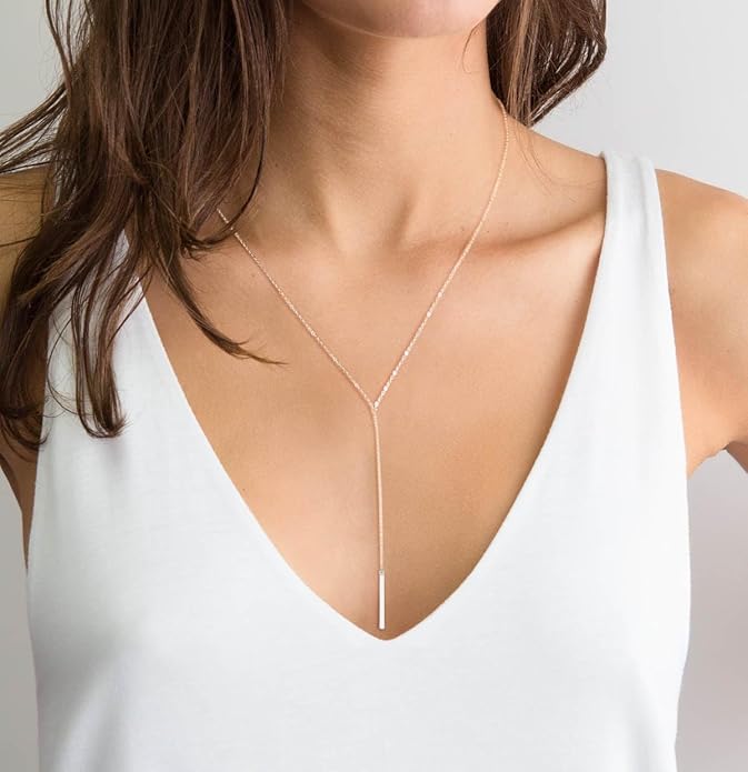 Metzakka Sterling Silver Lariat Necklace, Chic Minimalist Drop Bar Y Chain Necklace for Women