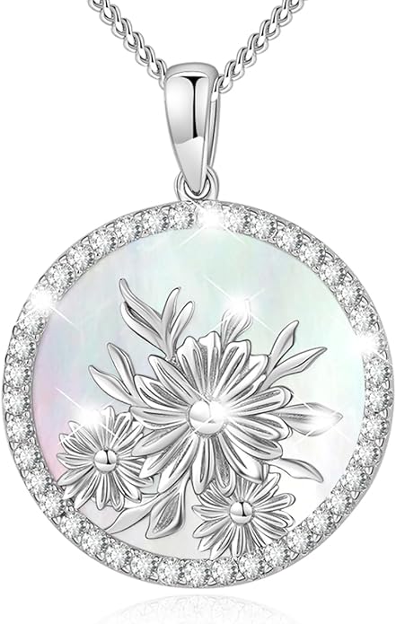 AGVANA Valentines Day Gifts Sterling Silver Birth Flower Necklace for Women Genuine Mother of Pearl CZ Round Disc Pendant Necklace Fine Jewelry Anniversary Birthday Gifts for Women Wife Mom Her