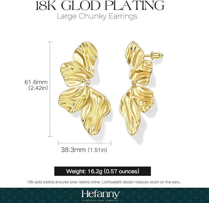 Hefanny Large Hammered Teardrop Dangle Earrings Geometric Chunky Flower Earrings Women's Trendy Statement Jewelry Multiple Styles