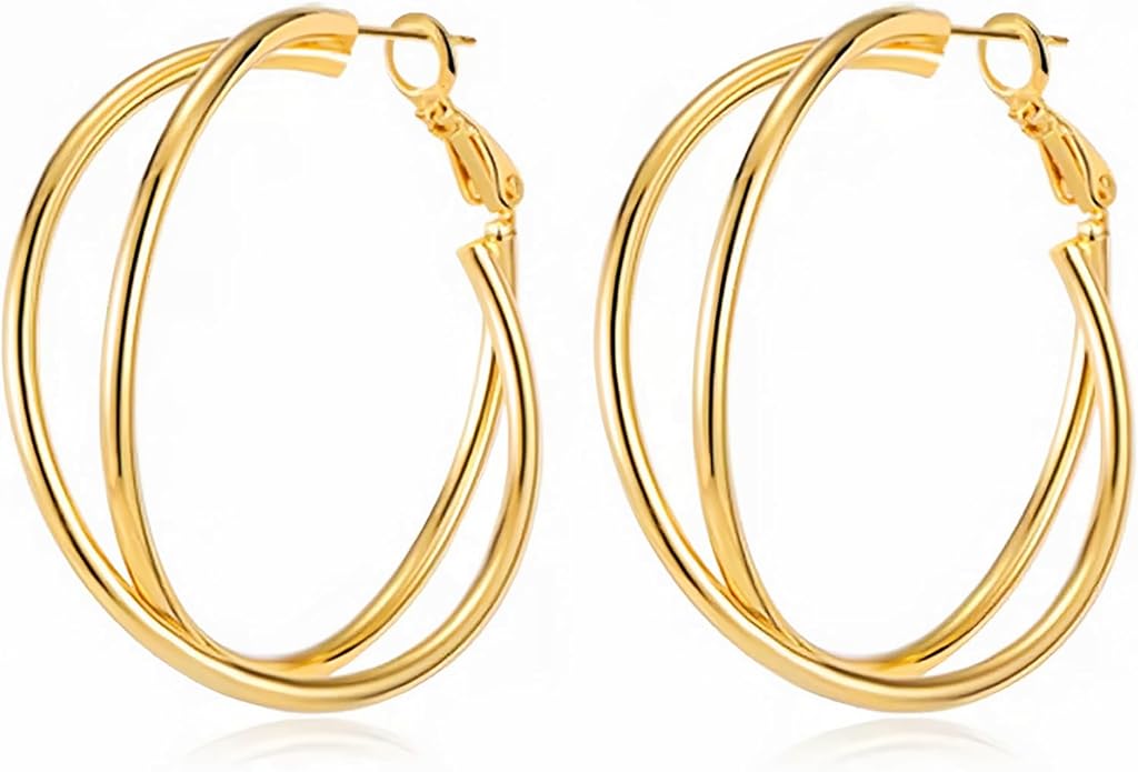 Gold Hoop Earrings for Women 18K Gold Plated - 40mm & 50mm Sizes, Double Layer/Twisted Styles, Hypoallergenic 925 Sterling Silver Posts, Lightweight Trendy Jewelry Gift