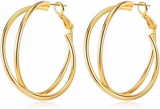 Gold Hoop Earrings for Women 18K Gold Plated - 40mm & 50mm Sizes, Double Layer/Twisted Styles, Hypoallergenic 925 Sterling Silver Posts, Lightweight Trendy Jewelry Gift