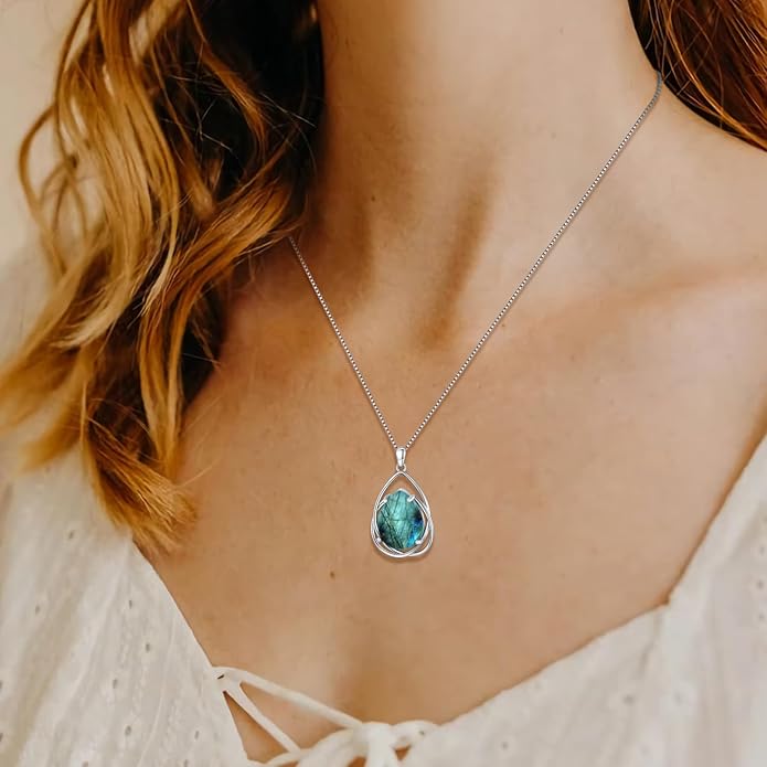 Teardrop Turquoise Pendant Necklace, 925 Sterling Silver December Birthstone Necklace Vintage Western Jewelry Gift for Women