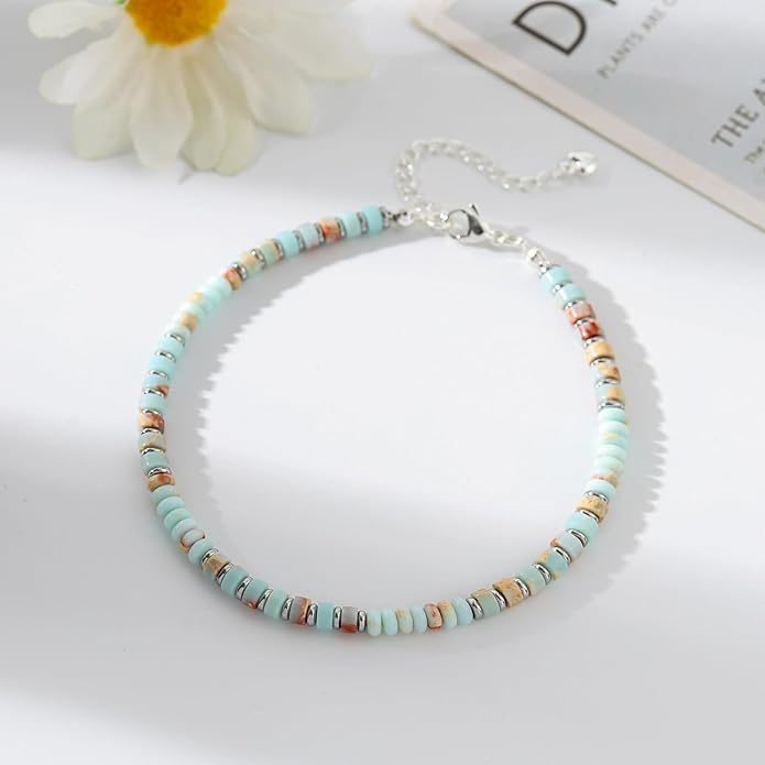 XIJIN Natural Stone Beaded Anklets for Women Handmade Beach Boho Turquoise Beads Ankle Bracelet Jewelry Gift for Her