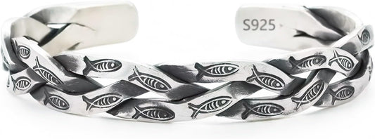 Kim Carrey S925 Sterling Silver Bracelet, Open Bangle Cuff Design, Men's Stacked Bracelets Gift Jewelry for My Man