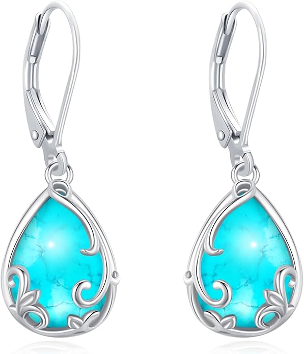 Sterling Silver Tree of Life/Flower/Bee/Animals/Cat/Hummingbird Dangle Earrings Moonstone Turquoise Drop Leverback Earrings Jewelry Gifts