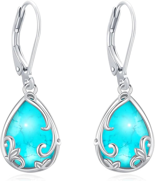 Sterling Silver Tree of Life/Flower/Bee/Animals/Cat/Hummingbird Dangle Earrings Moonstone Turquoise Drop Leverback Earrings Jewelry Gifts