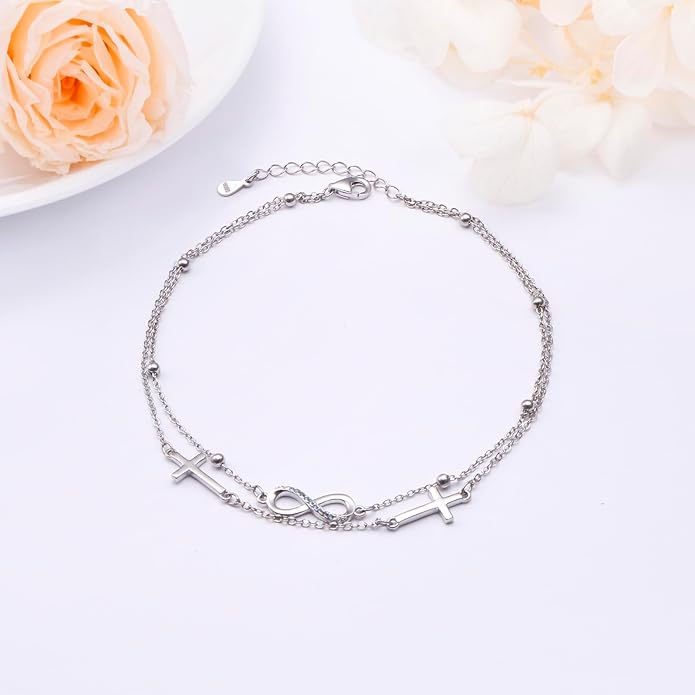 Anklets for Women 925 Sterling Silver Charm Layered Simulated Opal/Moonstone/Daisy/Infinity Summer Beach Ankle Bracelet Foot Chain Jewelry Birthday Valentine's Day Mother's Day Gift
