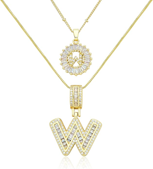 14K Gold Plated Initial Letter Pendant Necklace, Cubic Zirconia Crystal, Copper Chain