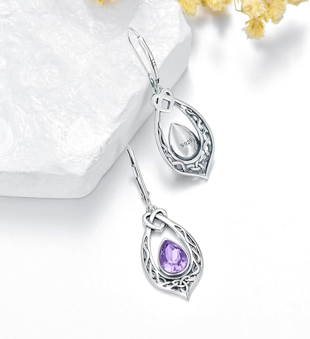 Celtic Knot Dangle Earrings 925 Sterling Silver Oxidized Vintage Drop Leverback Earrings with 8 * 6mm Simulated Birthstone Crystal Christmas Jewelry Gifts for Women (Gift Box)