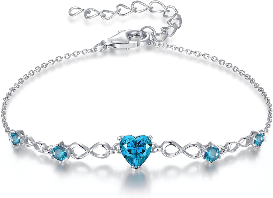 G&GEMSJEW Infinity Heart Birthstone Bracelets for Women, 925 Sterling Silver Women Charm Link Bracelet Adjustable, Birthday Anniversary Christmas Jewelry Gifts for Women Wife Mom Girlfriend Her