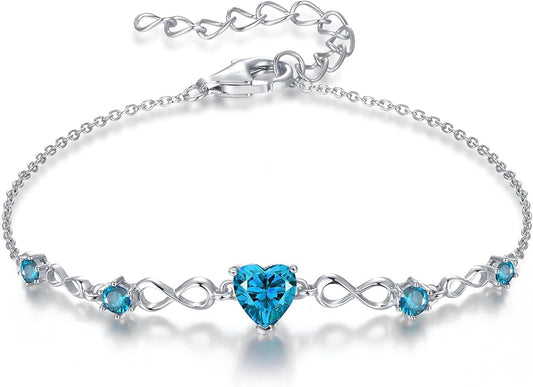 G&GEMSJEW Infinity Heart Birthstone Bracelets for Women, 925 Sterling Silver Women Charm Link Bracelet Adjustable, Birthday Anniversary Christmas Jewelry Gifts for Women Wife Mom Girlfriend Her