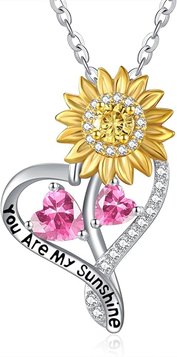 Zeuslia Double Birthstone Necklace Gifts for Wife - 925 Sterling Silver Sunflower/Rose/Crown Cross/Compass/Heart Pendant I Love You Necklace, Anniversary Birthday Gifts for Wife Girlfriend Mom Her
