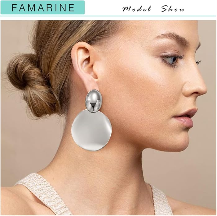 FAMARINE Big Disc Drop Earrings Gold Dangle Earrings Round Hammered Earrings Women