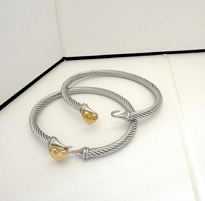 Adjustable Twist Stainless Steel Cable Wire 14K Gold Plated Love Heart Charm Bracelets Friendship Open Bangle Wrist Cuff for Women Men