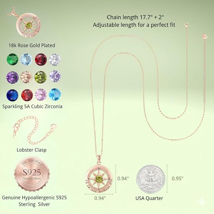Compass Necklace for Women Wife Girlfriend Mom Daughter Gifts S925 Silver Jewelry For Anniversary Rose Gold Gifts For Birthday Christmas Mothers Valentines Day 12 Birthstones