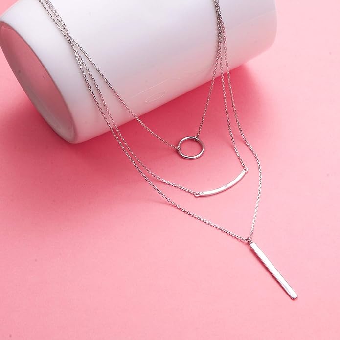S925 Sterling Silver Layered Necklaces Multi 3 Layer Circle Bar Boho Long Triple Choker Pendant Necklace Jewerly Gift for Women