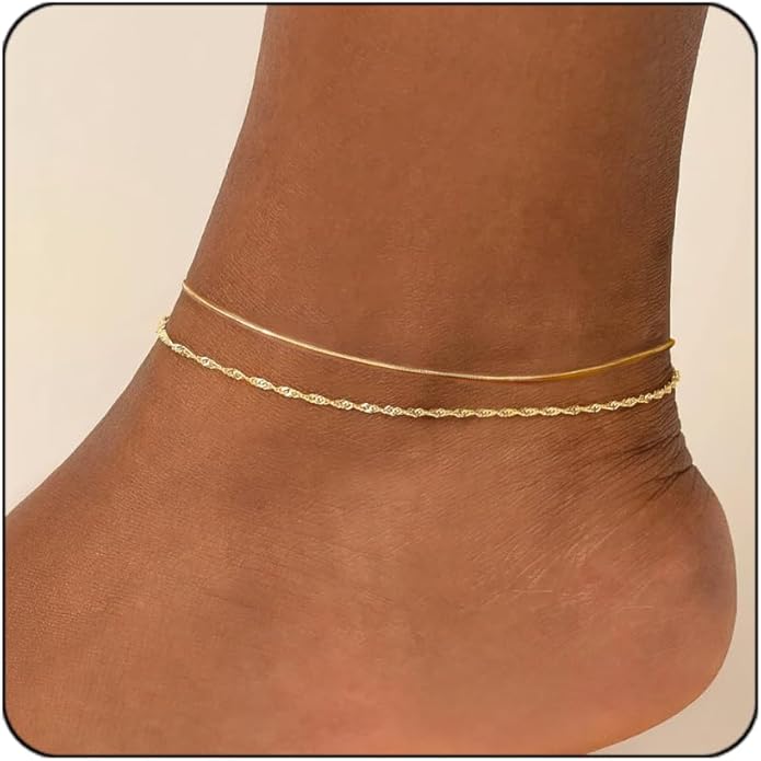 Gold Plated Ankle Bracelets For Women Waterproof,18k Gold Plated Anklets Layered Thin Snake Chain Herringbone Anklets Non Tarnish Stainless Steel Dainty Summer Jewelry Set Gift For Women