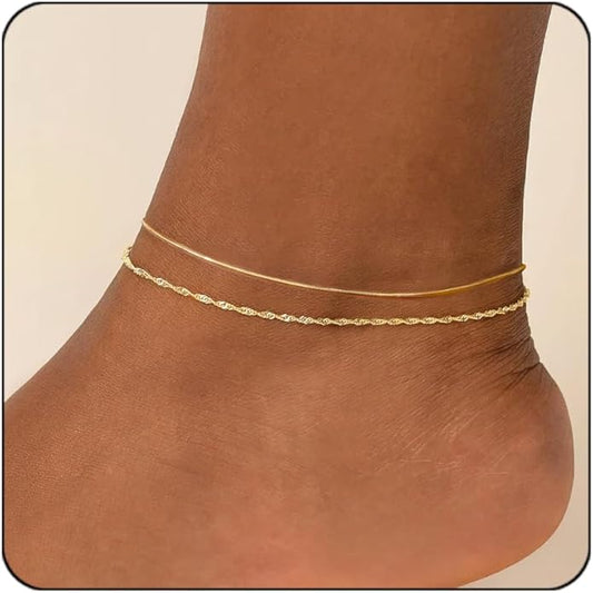 Gold Plated Ankle Bracelets For Women Waterproof,18k Gold Plated Anklets Layered Thin Snake Chain Herringbone Anklets Non Tarnish Stainless Steel Dainty Summer Jewelry Set Gift For Women