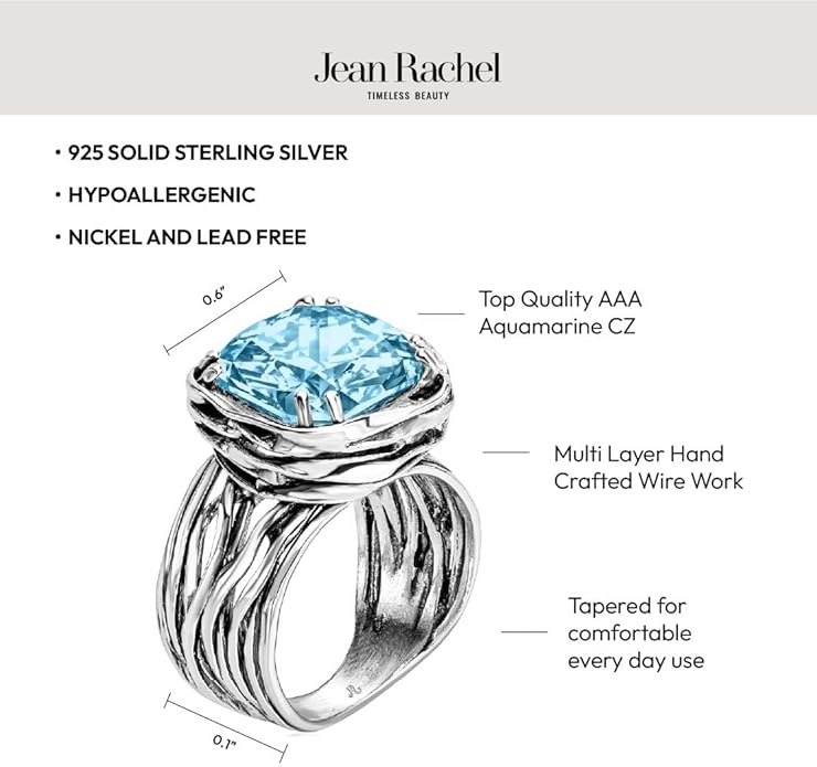 JEAN RACHEL JEWELRY 925 Sterling Silver Ring - Wrap Vintage Design with Cushion Shaped Cubic Zirconia - Hypoallergenic, Lead & Nickel Free - Artisan Handcrafted Statement Rings for Women