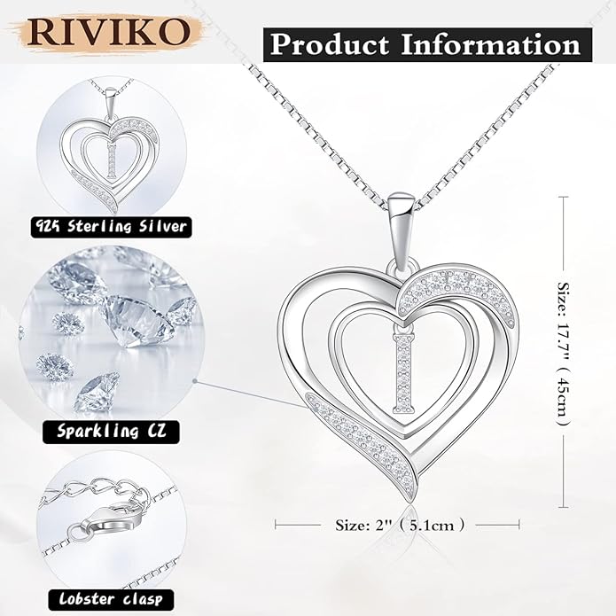 RIVIKO Heart Initial Necklace for Women, 925 Sterling Silver Letter Pendant,Personalized Charm Alphabet Jewelry Valentines Mother's Day Anniversary Christmas Birthday Gifts for Women Her Mom Wife