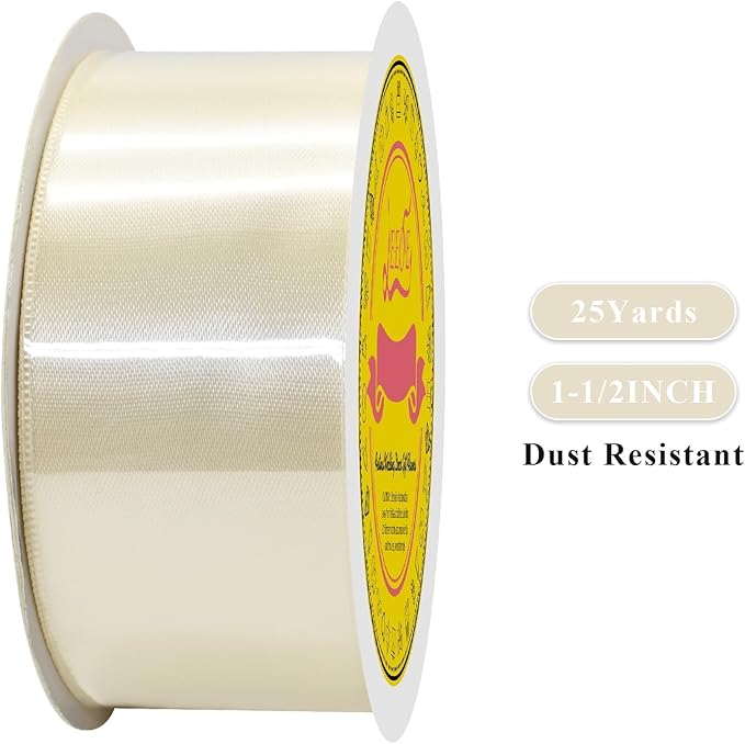 LEEQE Double Face Ivory Satin Ribbon 1-1/2 inch X 25 Yards Polyester Ivory Ribbon for Gift Wrapping Very Suitable for Weddings Party Hair Bow Invitation Decorations and More