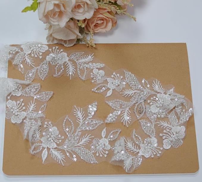 G-RUI 2yard Sequins Beaded Flower Embroidery lace Appliques for Wedding Dresses Rhinestone Applique Patches lace Trims parches ropa (Off White) (P3403A)