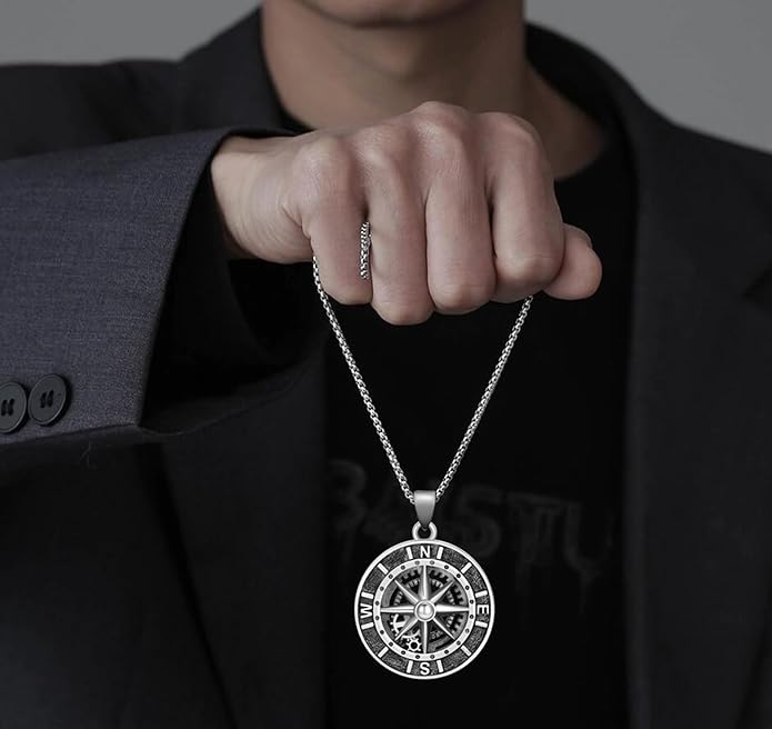 LES OSEWA Compass Necklace for Men Sterling Silver Compass Pendant Masonic Viking Necklace Travel Amulet Necklace Inspirational Graduation Jewelry Gifts for Women