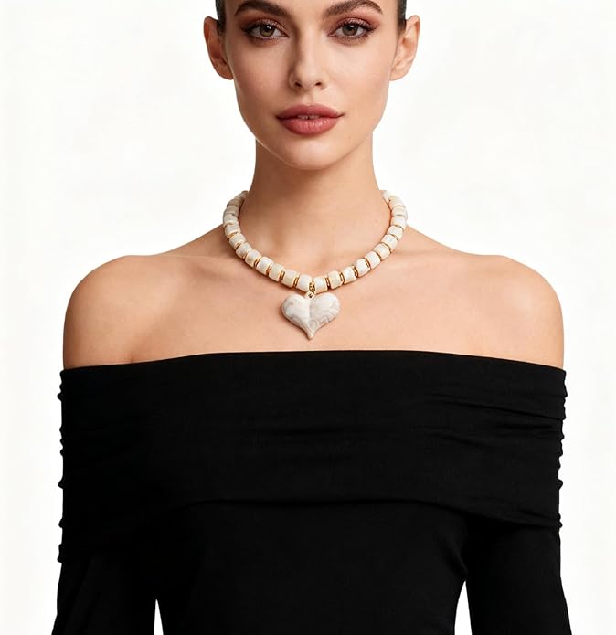 YUJIE Chunky Heart Penadnt Necklace for Women- Exaggerated Statement Puff Heart Necklace with Acrylic Beaded Chain