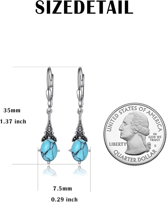 AOBOCO Vintage Earrings for Women Sterling Silver Retro Drop Dangle Leverback Earrings with 8x6mm Oval Genuine or Simulated Birthstone Crystal from Austria, Anniversary Jewelry Gifts for Her Women