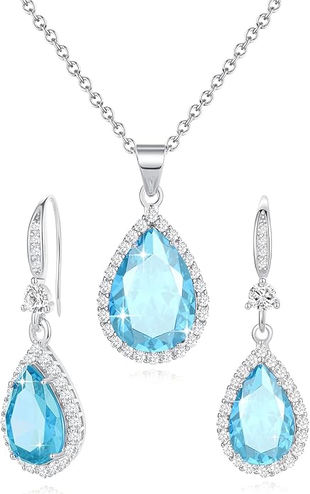 Sumonyo Women Jewelry Set Silver/Gold Plated Teardrop Pendant Necklace Dangle Drop Earrings Dangling Sets Birthstone Crystals Rhinestone,Birthday Anniversary Wedding Mother’s Day Gifts for Women