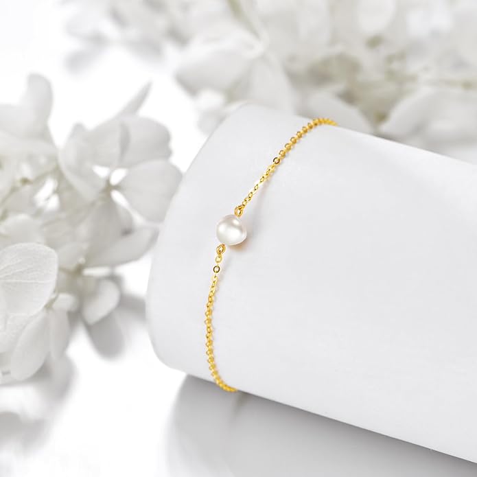 KECHO 14K Real Gold Freshwater Cultured Pearl Bracelet 14K Solid Gold Jewelry Anniversary Birthday Gift for Women