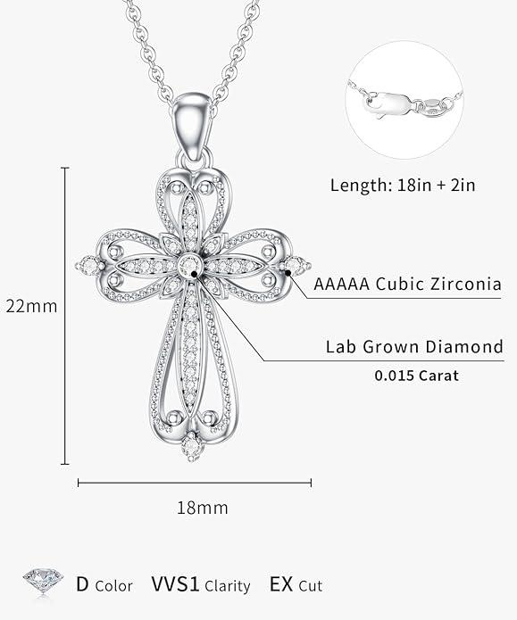 1/66 Carat Diamond Vintage Cross Necklace for Women 925 Sterling Silver 18K White Gold Plated Religious Faith Pendant Fine Jewelry