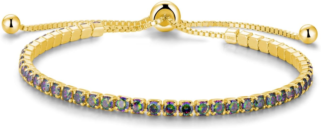 Sterling Silver Birthstone Tennis Bracelets for Women 2.5mm Tennis Bolo Bracelet Fashion Jewelry Birthday Gifts for Women Mom Wife | Adjustable Size 9"