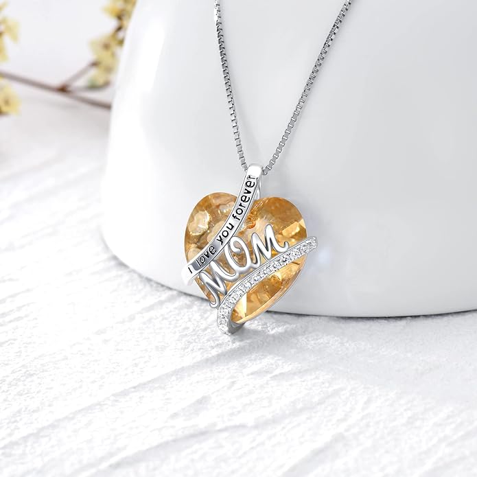 Mothers Day Gifts for Mom s925 Sterling Silver I Love You Forever Love Hear Mon Pendant Necklace with 12 Birthstone Jewelry Birthday Christmas Gifts for Women Grandma Mom Nana From Duaghter Son