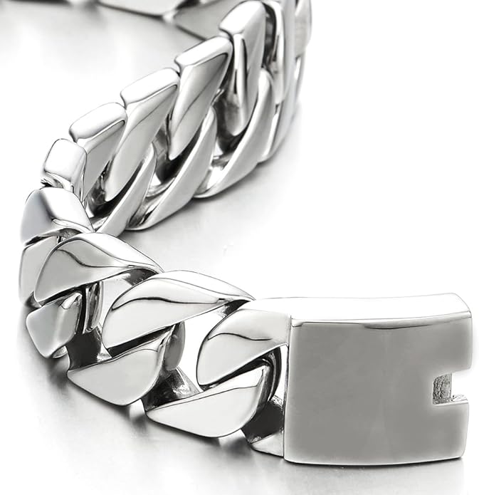 COOLSTEELANDBEYOND Mens Stainless Steel Large Curb Chain Link Bracelet Solid Curb Chain Wristband Biker Punk Jewelry Masculine Accessory