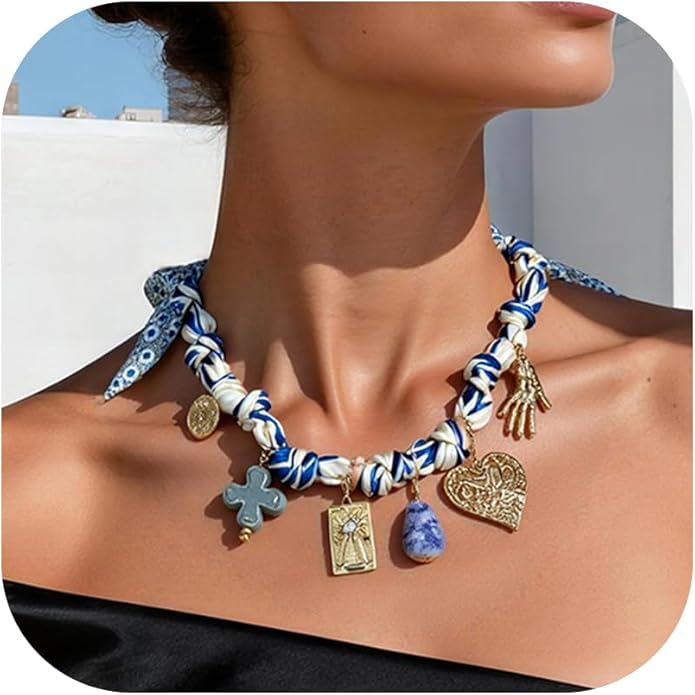 Coiris Charm Scarf Necklace for Women Boho Fabric Bandana Choker Vintage Heart Predent Beach Necklace for Women