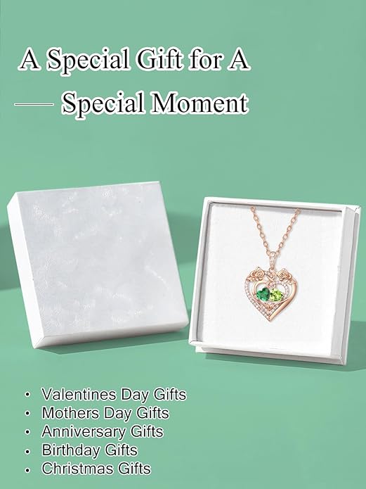 JIYVY32 Rose Heart Necklace for Women Exquisite 925 Sterling Silver Anniversary Birthday Gifts for Wife Mom Her Double Birthstone Pendant Jewelry