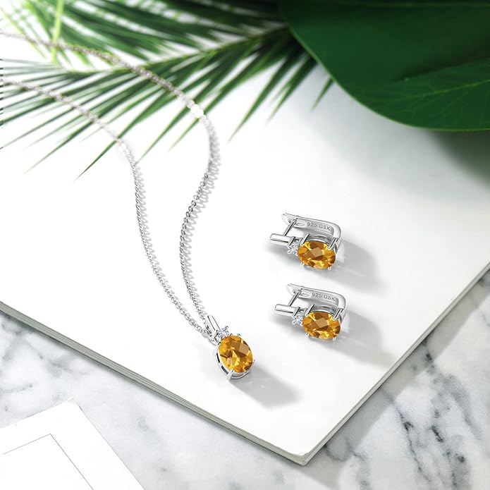 Gemstone Birthstone and White Created Sapphire Pendant and Earrings Jewelry Set for Women in 925 Sterling Silver | Oval 8X6MM and Round 2.5MM | With 18 Inch Chain | Fine Jewelry for Her Mom Women Wife