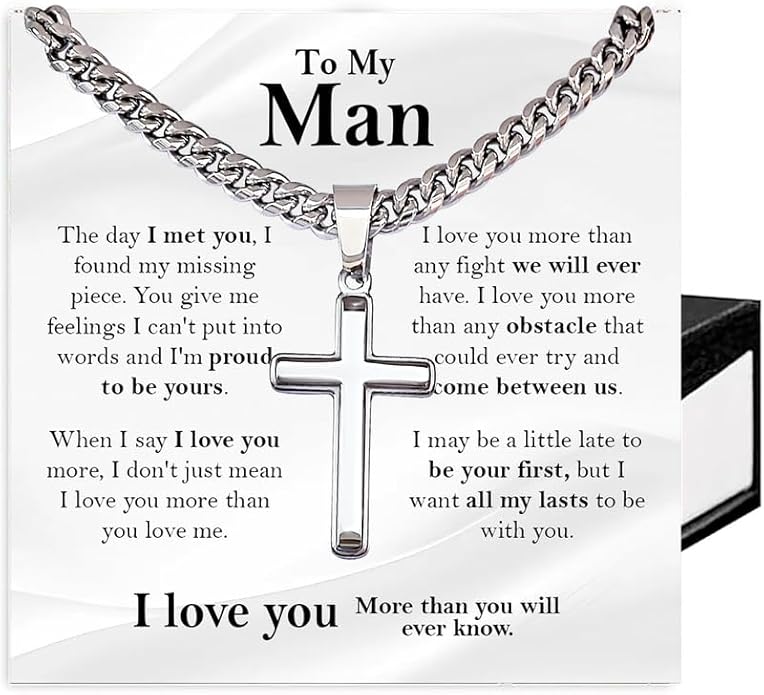 SUTERY Cross Cuban Chain Necklace - Promise Necklace for Him, Necklace for Boyfriend, Mens Necklace for Fiance, Valentine's Day