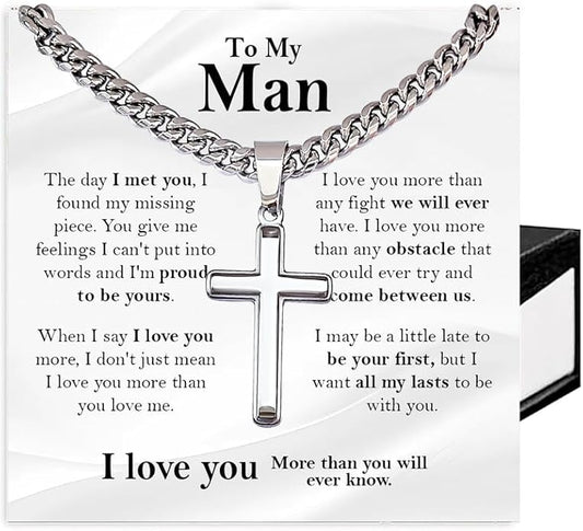 SUTERY Cross Cuban Chain Necklace - Promise Necklace for Him, Necklace for Boyfriend, Mens Necklace for Fiance, Valentine's Day